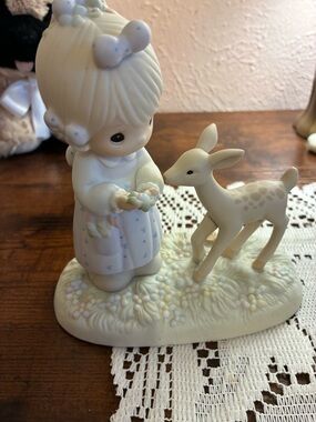 Precious Moments Little Girl with Fawn in Soft Pastel Cream and Pale Blue